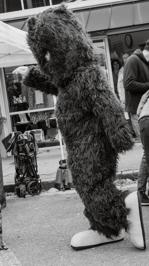 Bigfoot mid-stride, in black and white