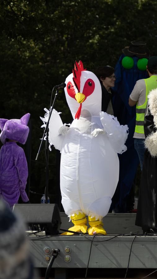 A chicken costume on stage