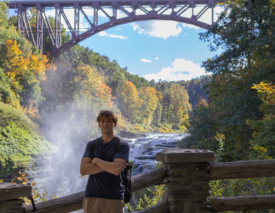 Arms crossed at the overlook below the bridge